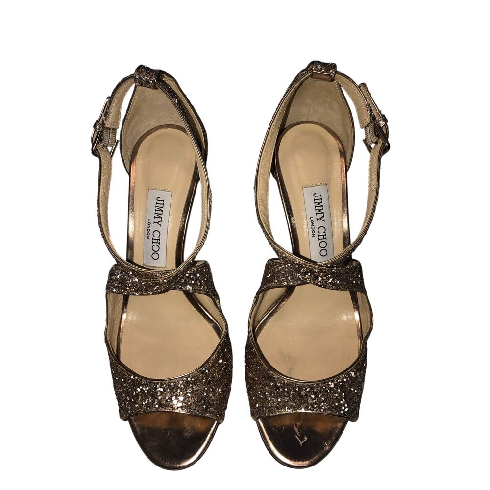 Jimmy Choo Emily Gold Glitter Sandals Strappy Heel 38.5 US 8.5 Criss Cross Heels - Picture 2 of 12
